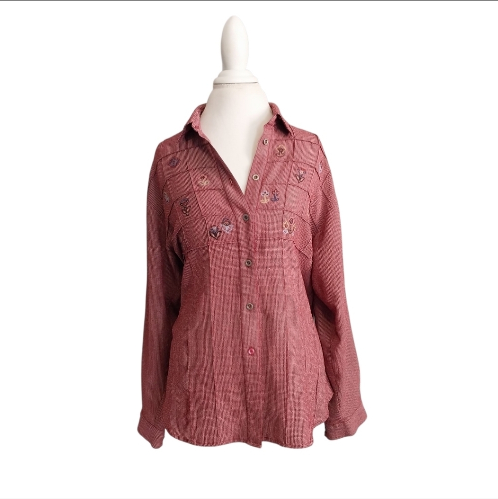 Vtg Monterey By Koret Large Embroidered Flowers Red white Plaid Button up Shirt